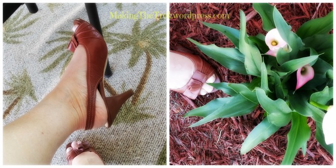 Franco Sarto shoes, perfect heel/height and whoa, they match my mulch!  Bonus.  Extra credit my birthday Calla Lilies!